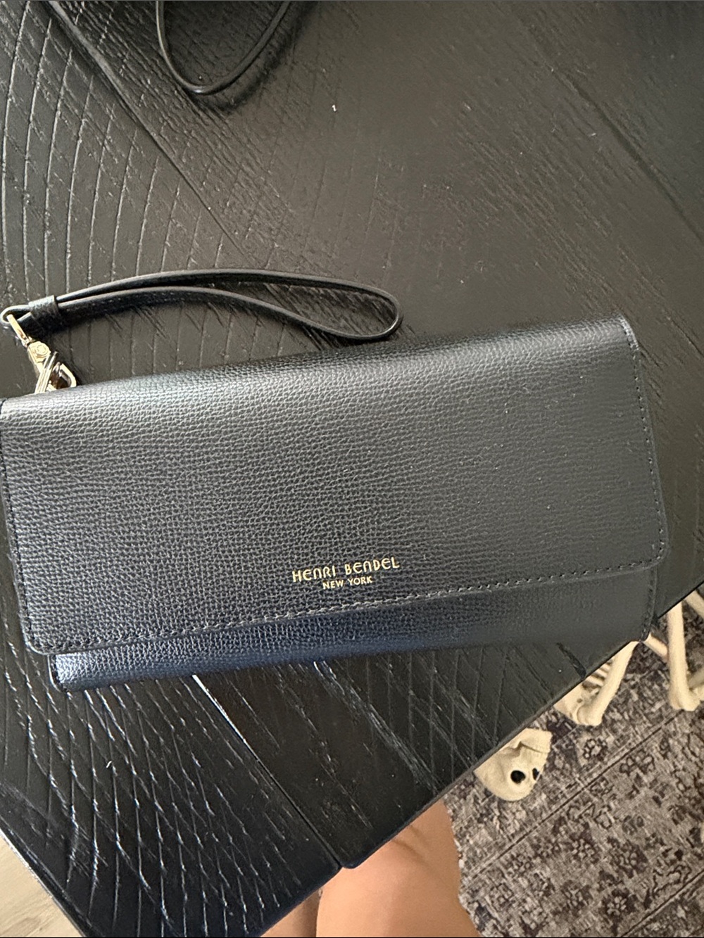 henri bendel Black Leather Wristlet Clutch with Gold Logo
